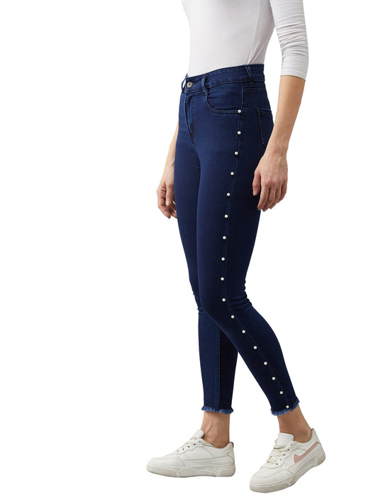 Dolce Crudo Womens Navy Blue Cotton Skinny Fit Cropped High Rise Stretchable Denim Jeans (DOSS21DEN10-73-71-26,Navy Blue,26)