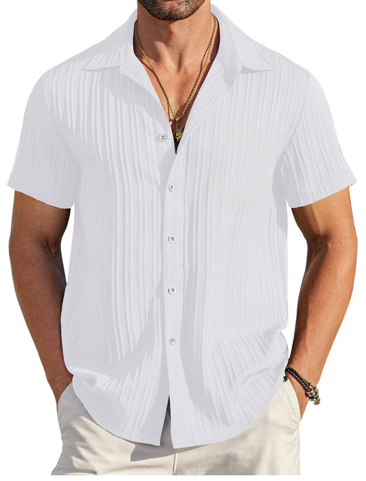 Mildin MenS Cotton Blend Shirt With Self Design Textured Stripes Spread Collar Neck Half Sleeve Western Hip Length | White