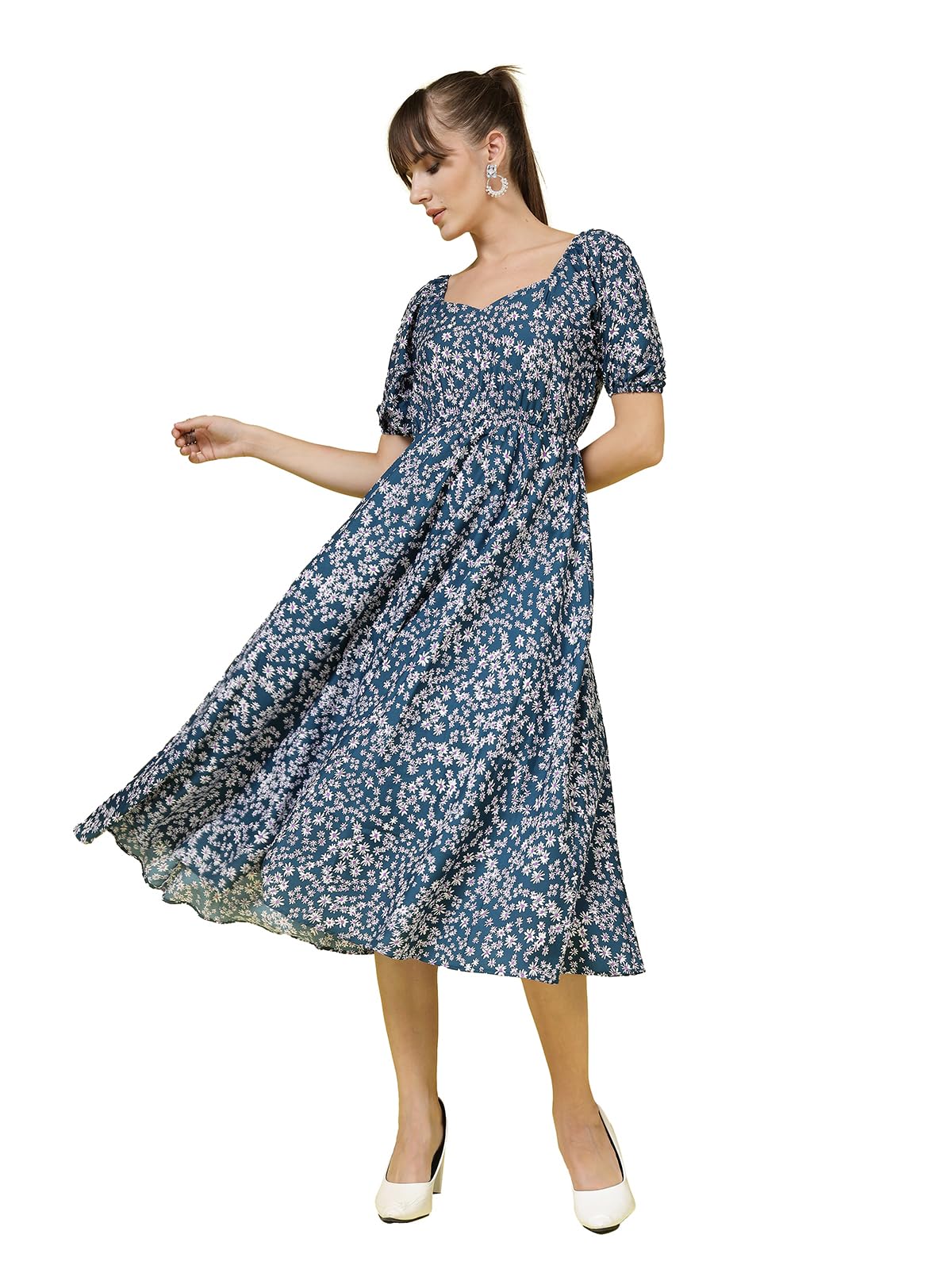 Oomph! Flared Dress For Women Stylish | Long One Piece For Women | Puff Sleeve Long Dress | Floral Print Maxi One Piece | Wester