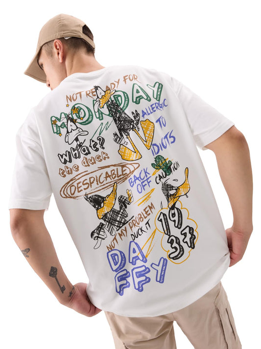 The Souled Store Daffy Duck: Allergic to Idiots Men and Boys Short Sleeves Round Neck White Graphic Printed Cotton Oversized T-S