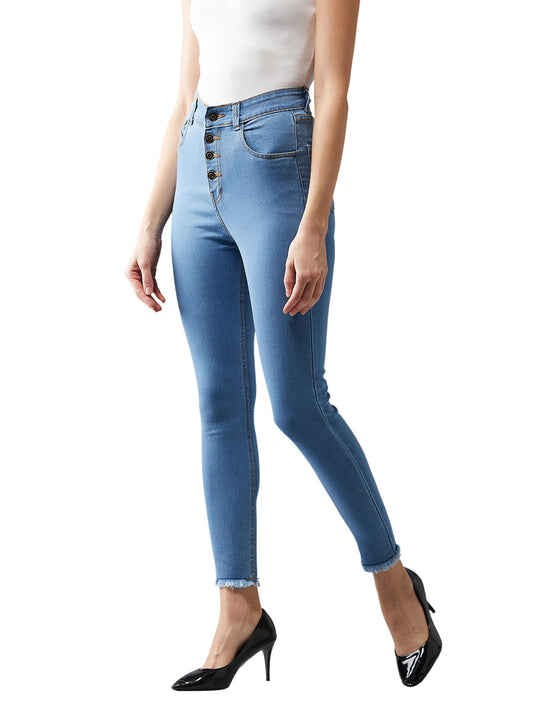 Dolce Crudo WomenS Skinny High Rise Cropped Fringed Hemline Detailing Stretchable Denim Jeans (Doaw25Den64-99-341-28, Blue, 28)