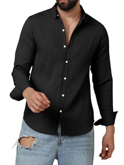 Finivo Fashion MenS Casual Cotton Plain Button Down Shirts Long Sleeve Textured Summer Beach Shirt For Men Black