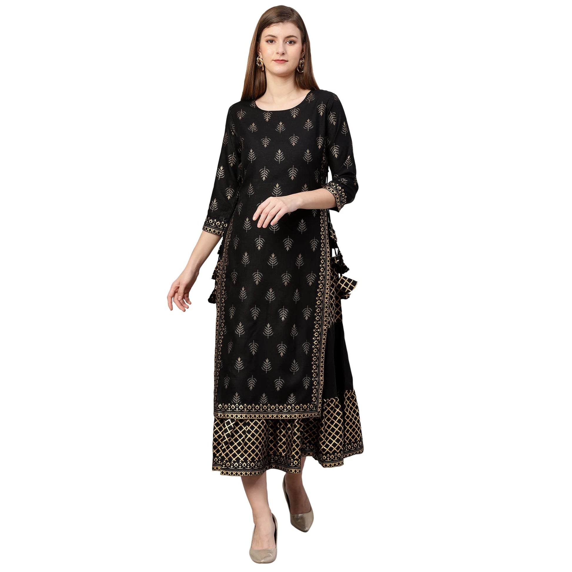 Anni Designer WomenS Cotton Blend Straight Foil Printed Kurta With Sharara (Niya Black_L Black_Large)