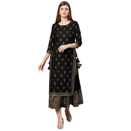 Anni Designer WomenS Cotton Blend Straight Foil Printed Kurta With Sharara (Niya Black_L Black_Large)