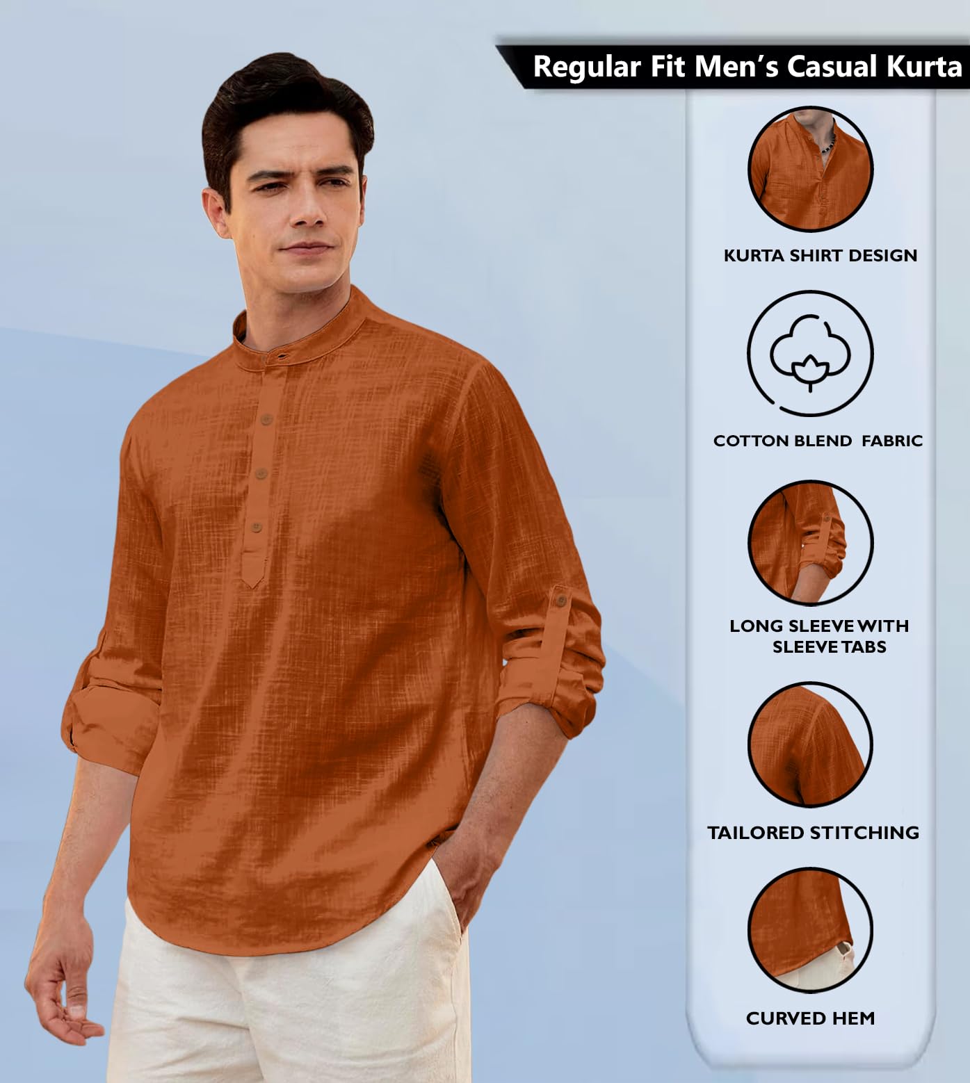 Zombom MenS Solid Cotton Blend Straight Kurta Shirt, Regular Fit Full Sleeve Short Kurta Shirt Brown