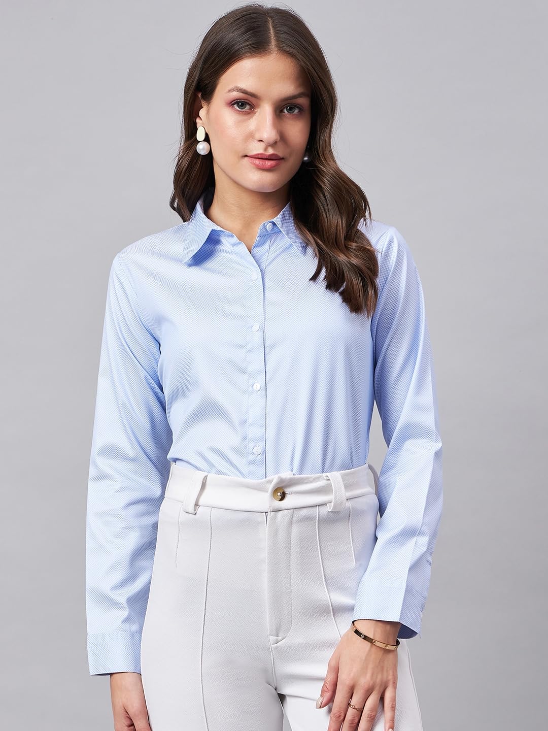 Style Quotient Women Chevron Self Design Blue and White Polycotton Formal Shirt