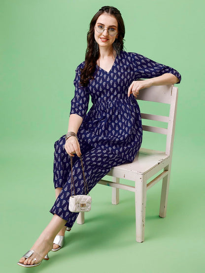 Yashika Women's Cotton Blend Short Length Printed Kurta Palaazo Set||AZ-YS-P1-KS2076-M Navy Blue