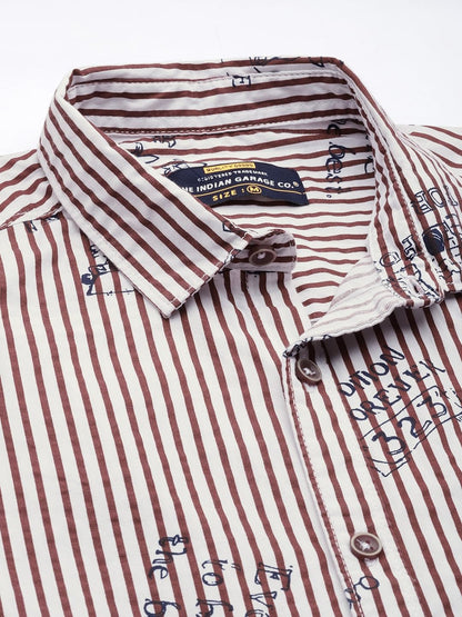 The Indian Garage Co Men Orange Striped Slim Fit Cotton Casual Shirt