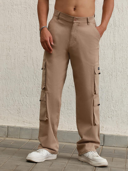 Hubberholme Men Taupe Cotton Loose Fit Mid-Rise Casual Trousers