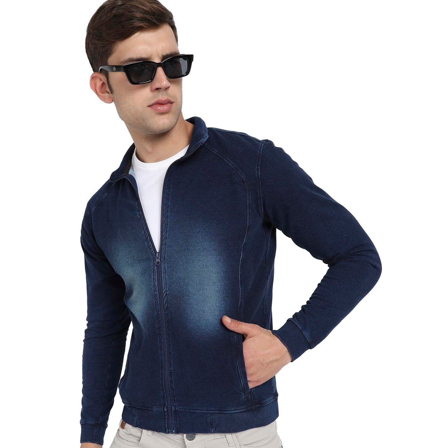 Campus Sutra Mens Navy Blue Zip-Front Dark-Wash Denim Jacket For Casual Wear | High Neck | Long Sleeve | Zipper Closure | Cotto