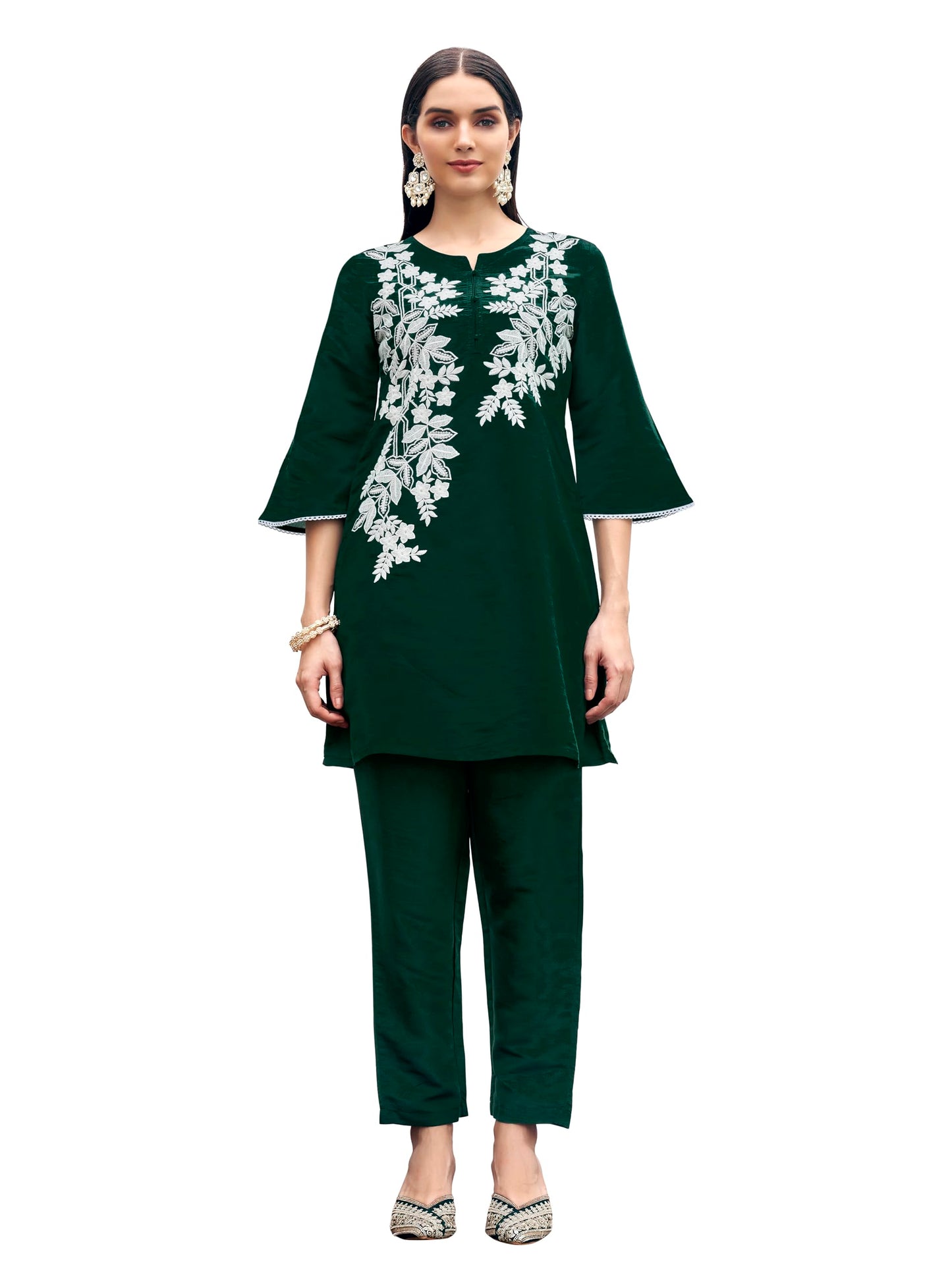 Womanista Women's Bottle Green Colour White Thread Embroidery Work Tunic with Trouser coord Set(Co-ords_9123)