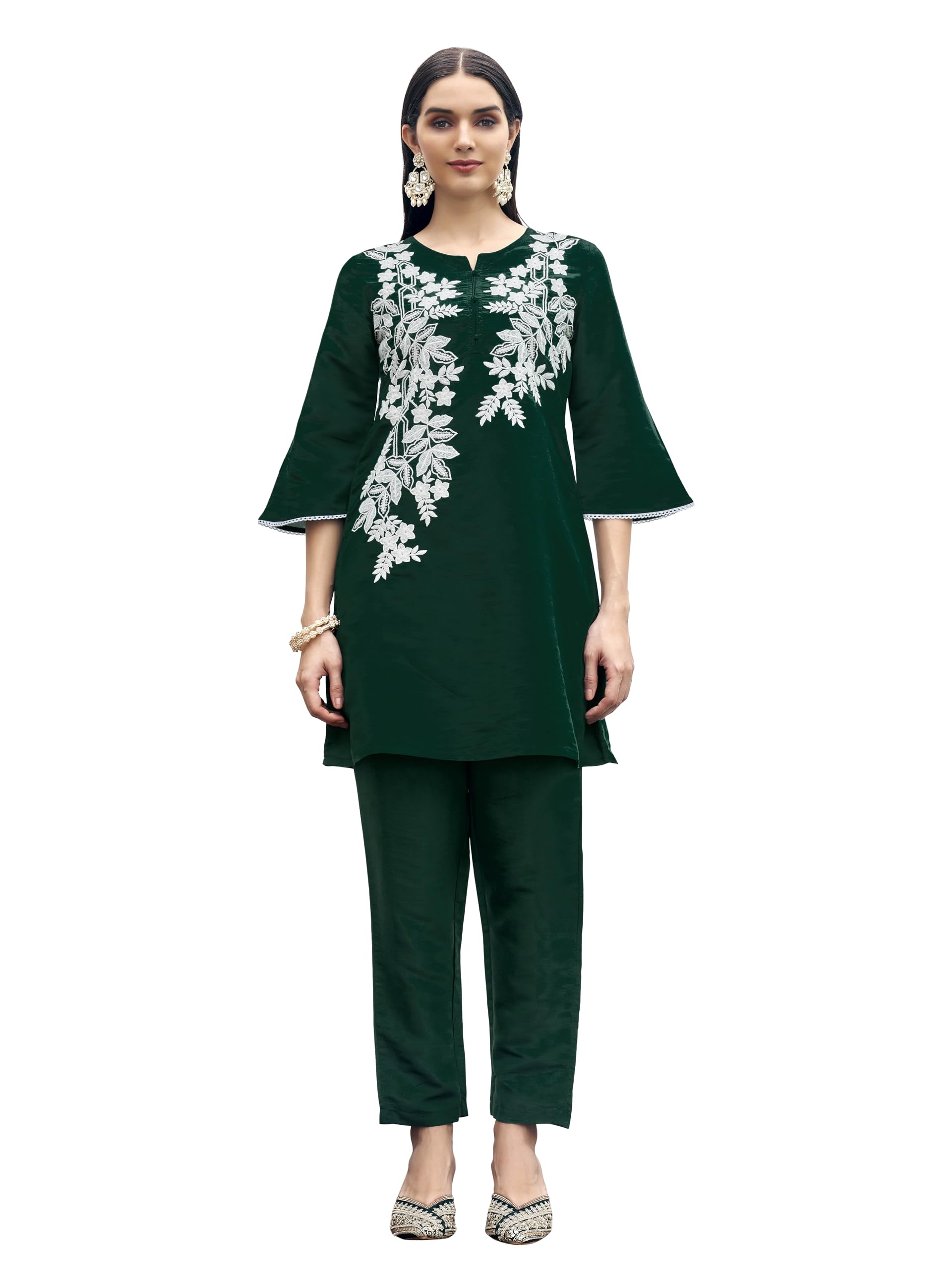 Womanista Women's Bottle Green Colour White Thread Embroidery Work Tunic with Trouser coord Set(Co-ords_9123)