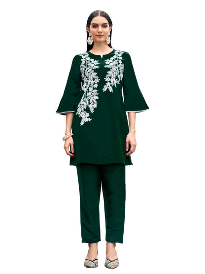 Womanista Women's Bottle Green Colour White Thread Embroidery Work Tunic with Trouser coord Set(Co-ords_9123)