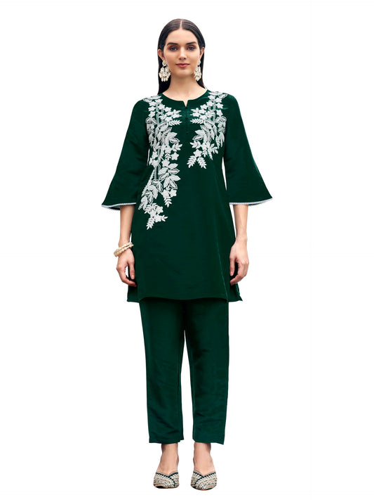 Womanista Women's Bottle Green Colour White Thread Embroidery Work Tunic with Trouser coord Set(Co-ords_9123)