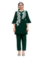 Womanista Women's Bottle Green Colour White Thread Embroidery Work Tunic with Trouser coord Set(Co-ords_9123)