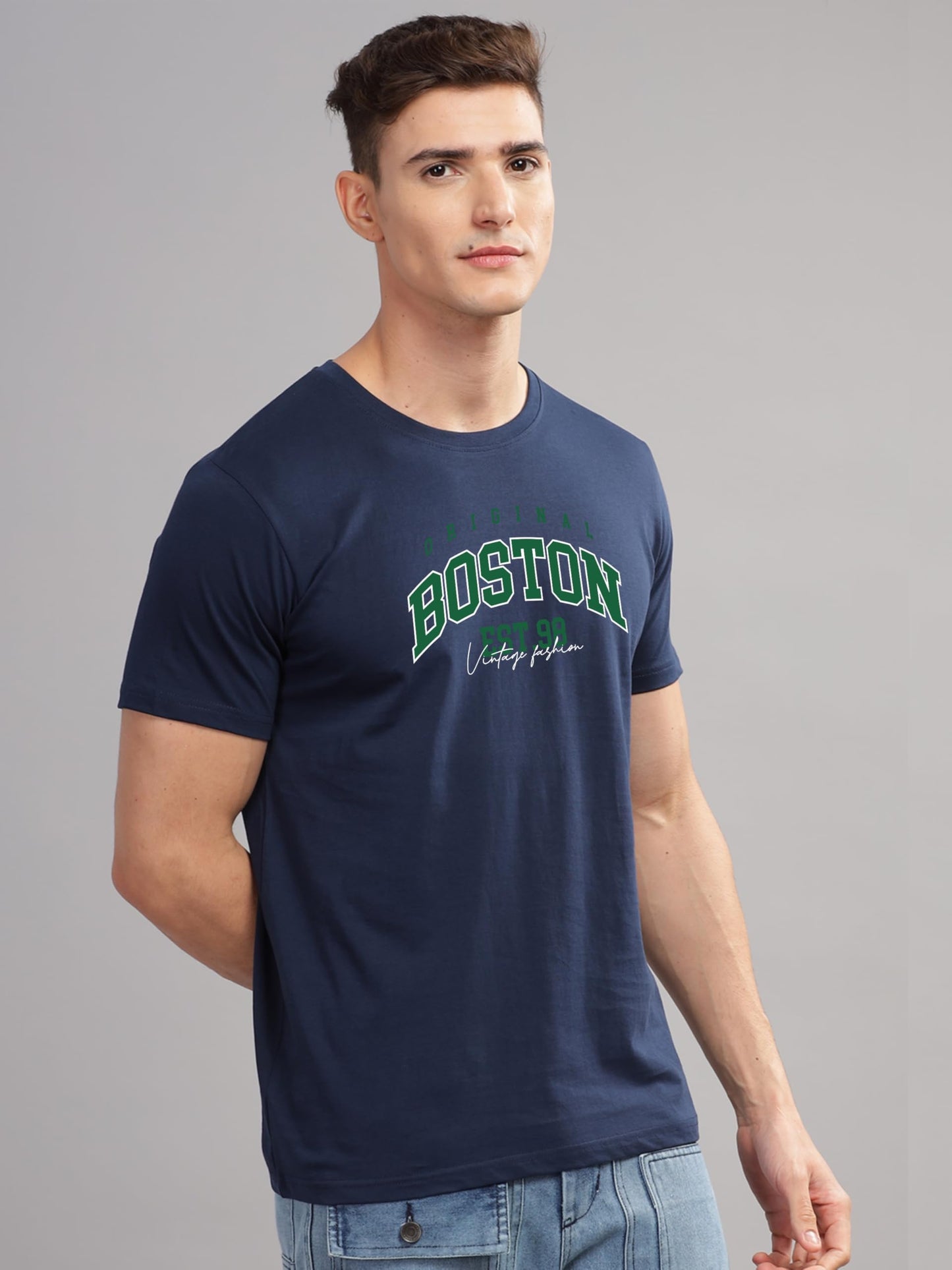 ADRO Mens Printed T Shirt - Premium Cotton Graphic Printed Tshirt - Navy Blue T-Shirt - RN24-BOST-NB