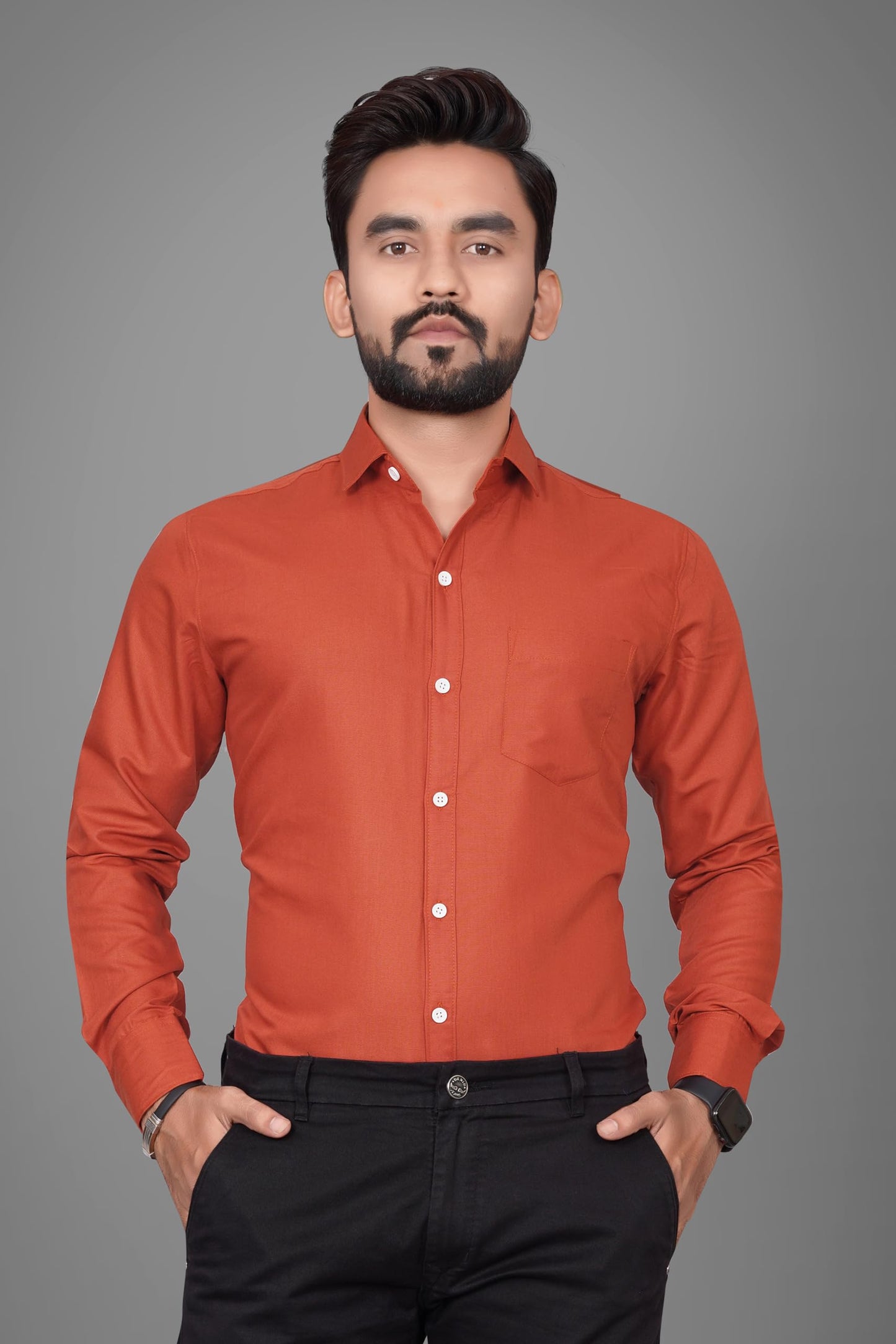 Besix MenS Cotton Blend Solid Shirt With Spread Collared Full Sleeve Button Closure Curved Hem Straight Length And One Pocket |