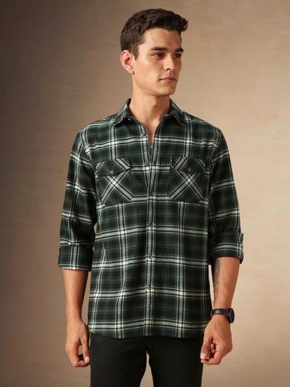 Dennis Lingo Men Flannel Check 100% Cotton Relaxed Fit Full Sleeves Shirts Green