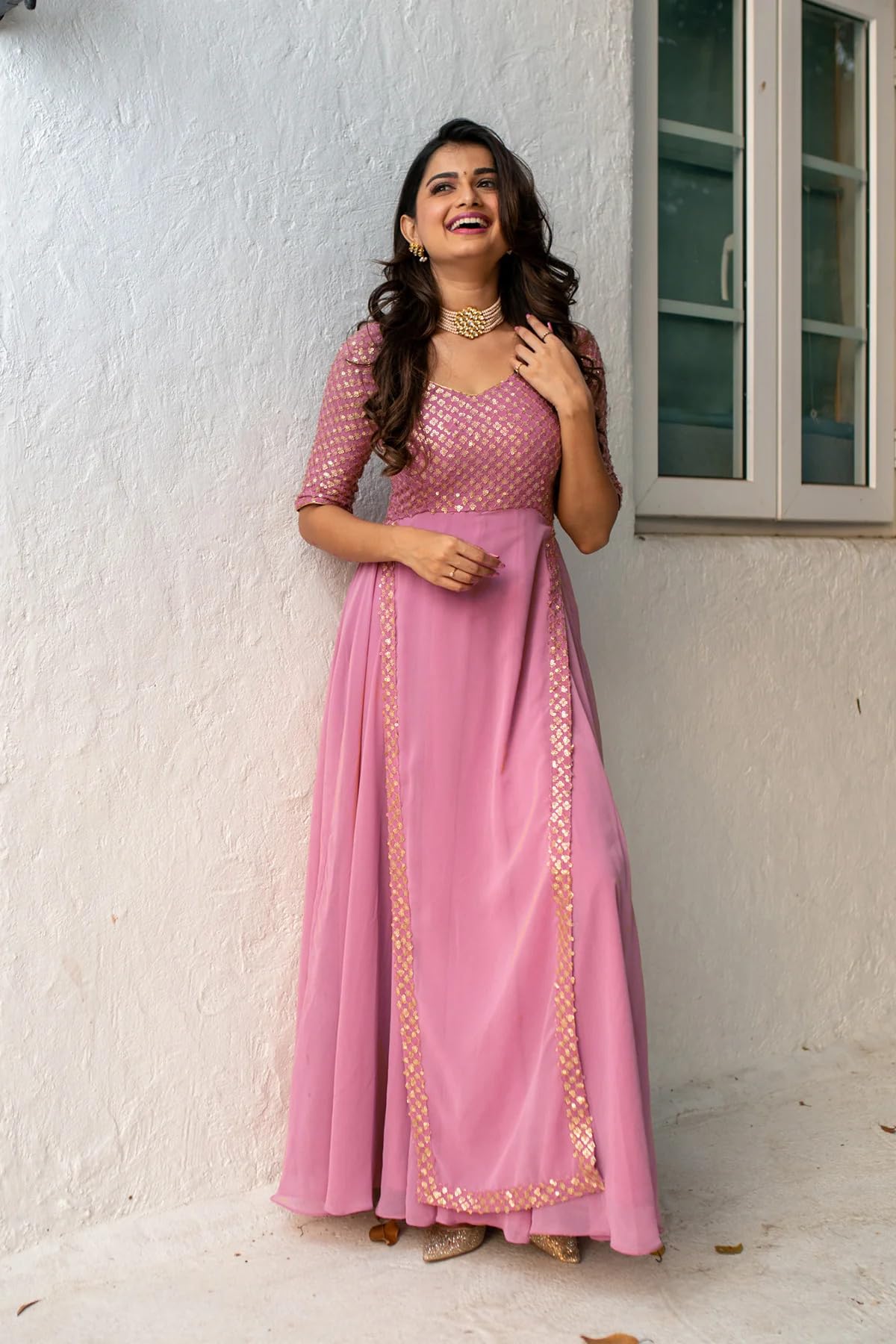Fashion Basket Georgette Pink Anarkali Gown For Women