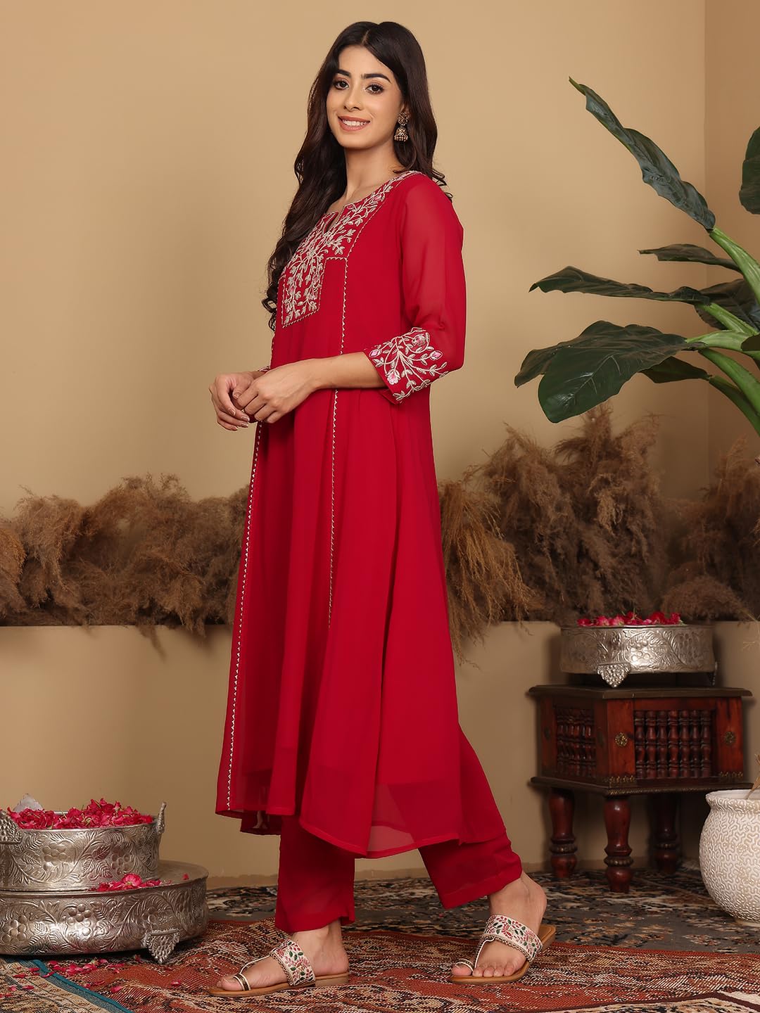 Varanga Women Magenta Embroidered Aline Kurta Paired With Tonal Bottom And Dupatta