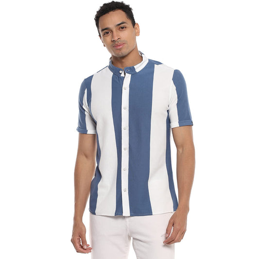Campus Sutra Mens Blue & White Balanced Striped Mens Shirt for Casual Wear | Spread Collar | Short Sleeve | Button Closure | S