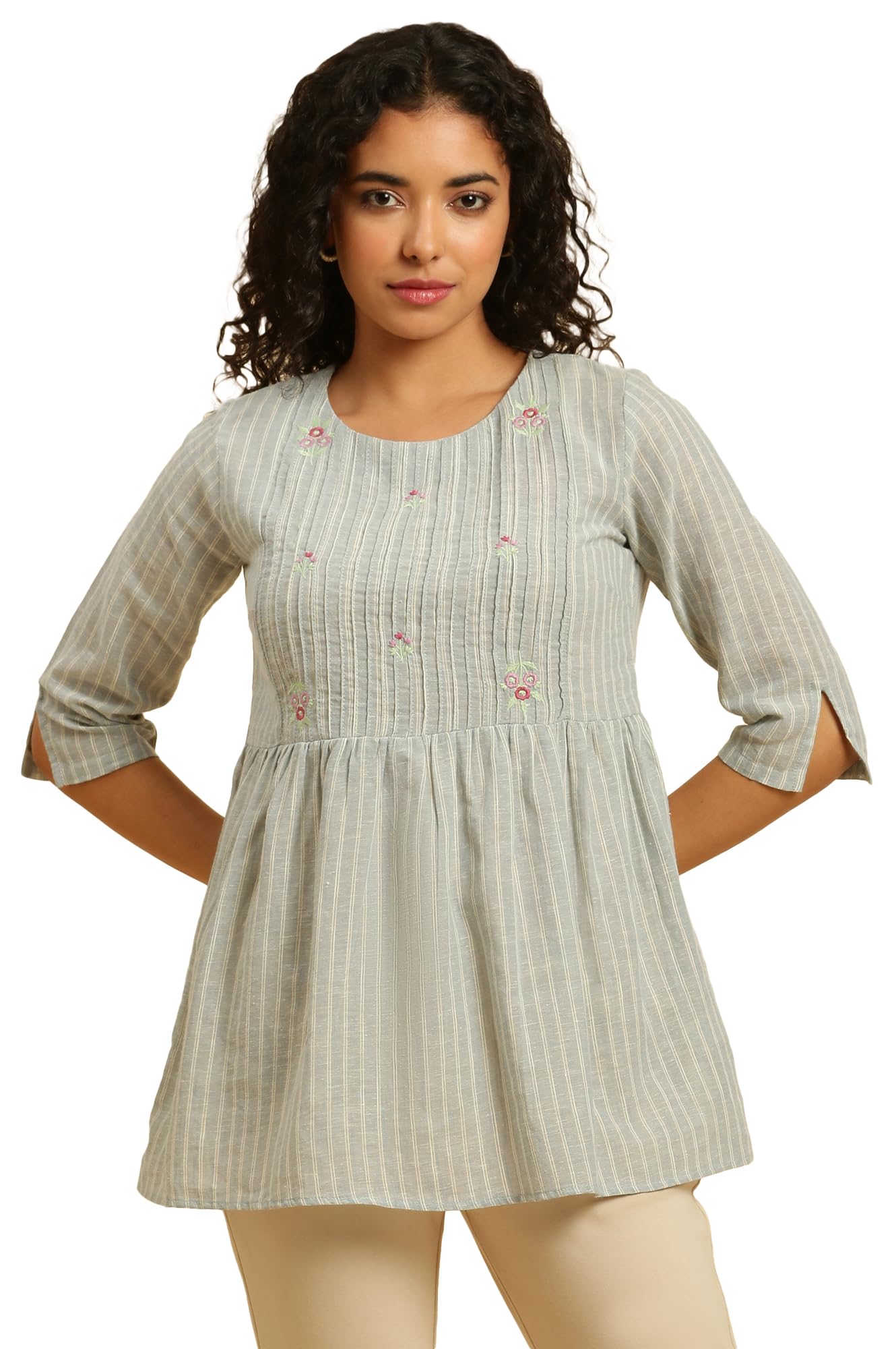 W Grey Striped Peplum Top For Women In Synthetic Material