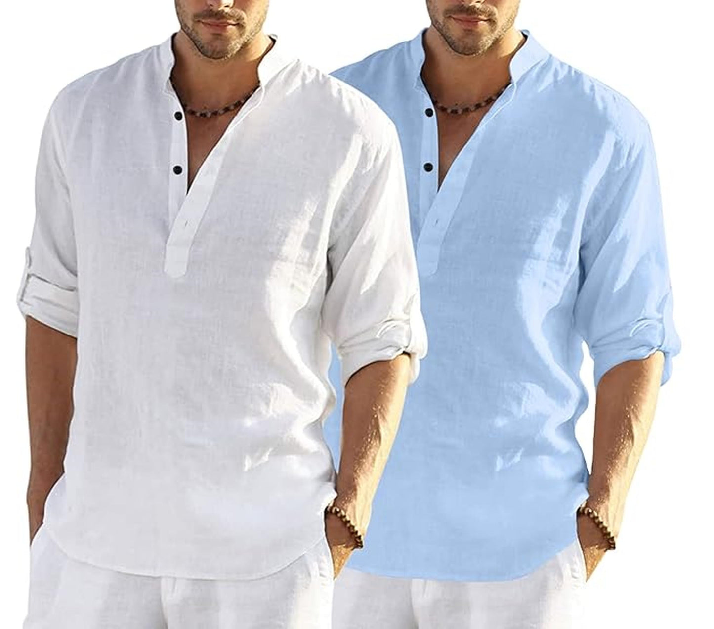 Bellstone MenS Cotton Blend Solid Regular Dress Shirt (Kurta800Combo_White_Skyblue_Xl Sky Blue
