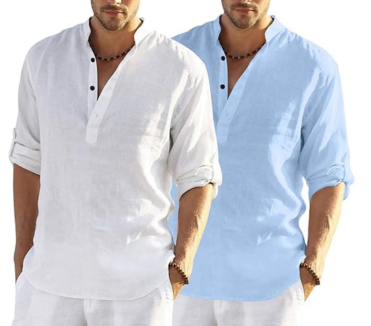 Bellstone MenS Cotton Blend Solid Regular Dress Shirt (Kurta800Combo_White_Skyblue_Xl Sky Blue