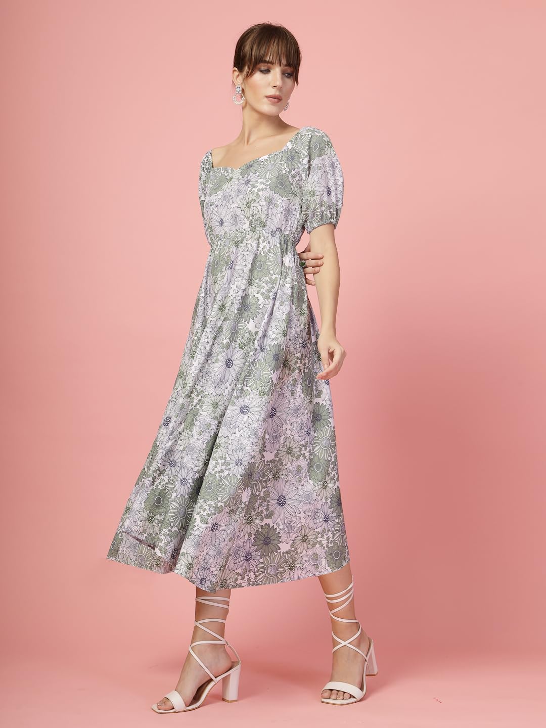 Oomph! Flared Dress For Women Stylish | Long One Piece For Women | Puff Sleeve Long Dress | Floral Print Maxi One Piece | Wester