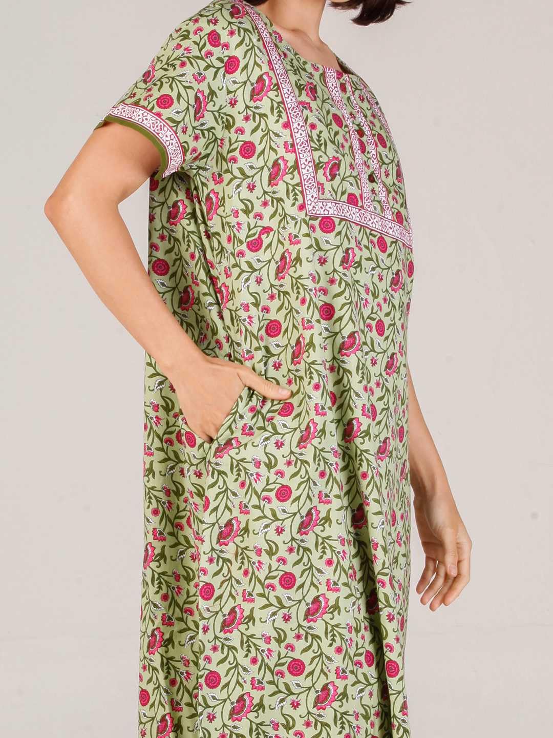 Evolove Womens Cotton Long Maxi Night Gown Nighty Dress with Pocket & Stylish Button, Super Soft Comfortable (Forest Green, LNG