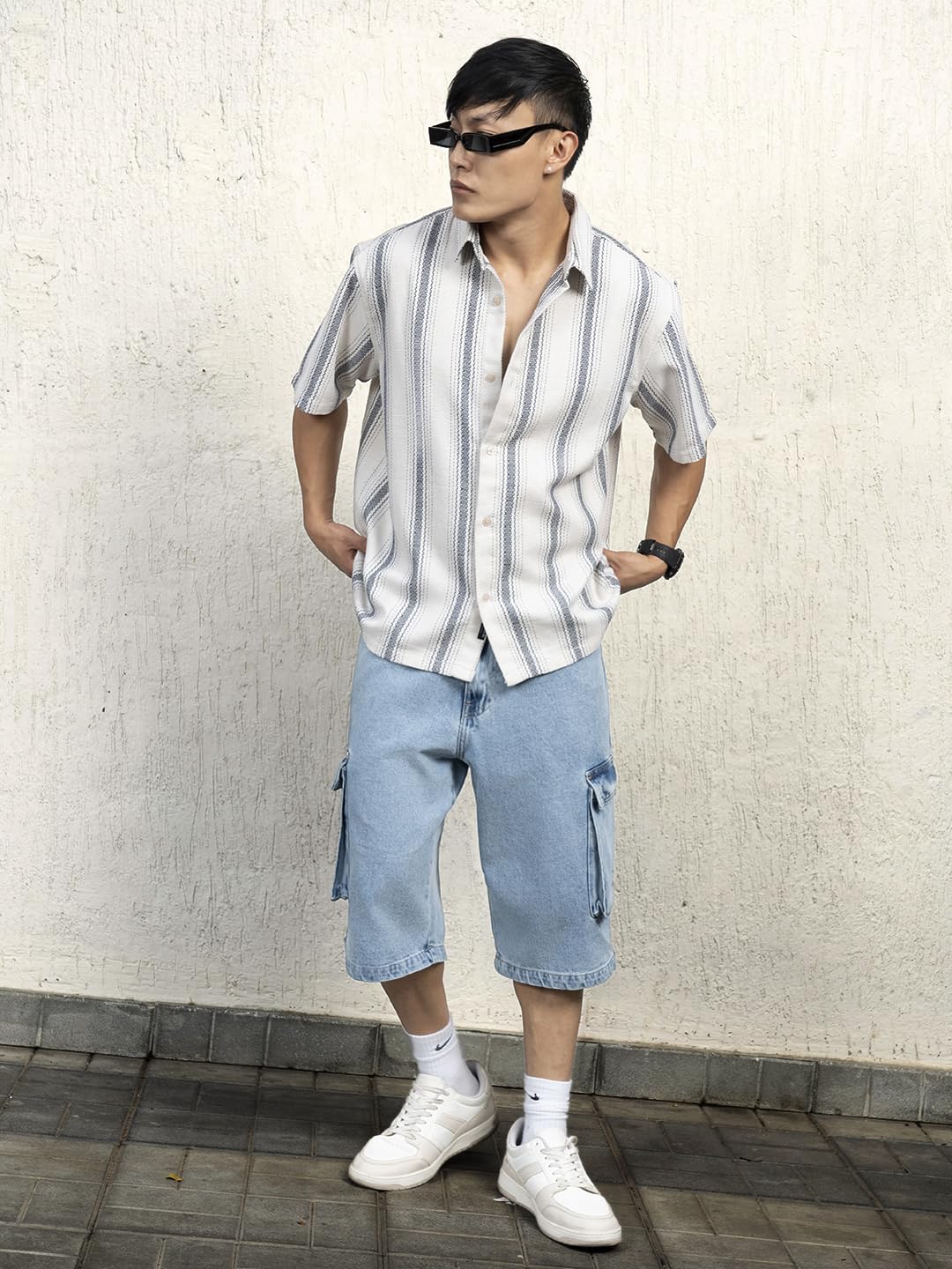 Hubberholme Men Cotton Short Sleeves Oversized Striped Shirt 10 Beige