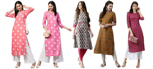 ANNI DESIGNER Women's Crepe Straight Printed Kurta Pack of 5 (Crepe-Combo-NW_012)