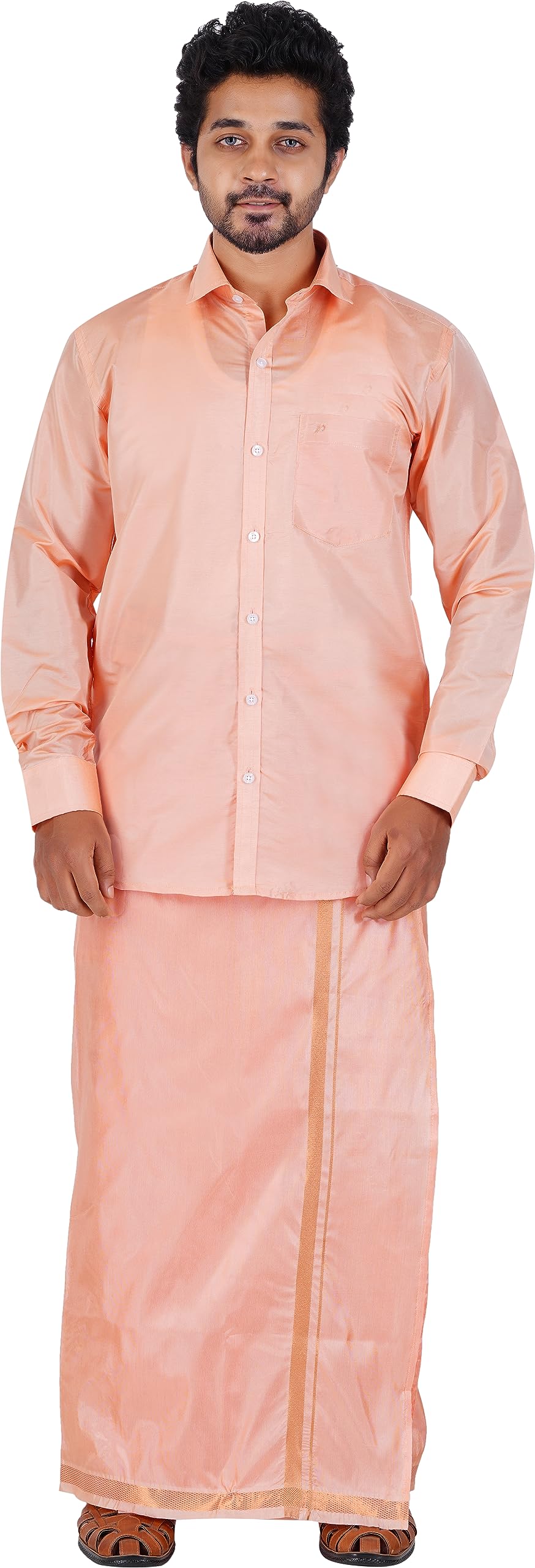PRAKASAM COTTON-Mens Art Silk Tissue Wedding Set/Art Silk Tissue 8 Mulam (8-Yard) Dhoti and Stitched Full Sleeve Shirt