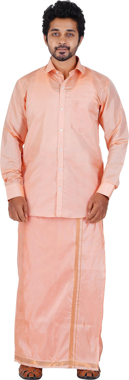 PRAKASAM COTTON-Mens Art Silk Tissue Wedding Set/Art Silk Tissue 8 Mulam (8-Yard) Dhoti and Stitched Full Sleeve Shirt