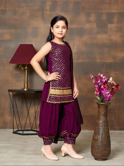 Aarika Girls Ethnic Wear Purple Colour Sequin Embroidery Lace Work Georgette Kurti Patiala Set (10-15 Years)