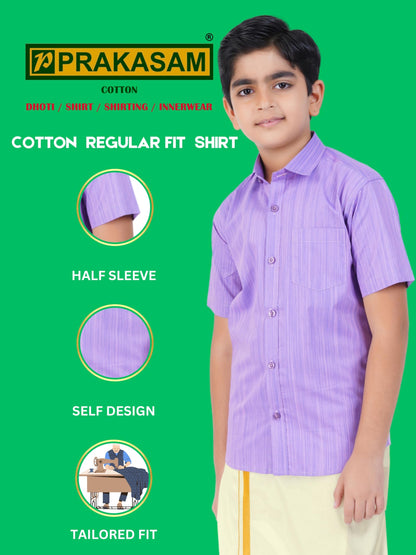 Boys Cotton Half Sleeve Self Design Shirt With Stitched Art Silk Dhoti For Boys (Madriyad-Purple)
