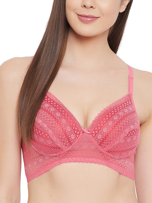 Clovia Womens Lace Level 1 Non-Wired Demi Cup Self-Patterned Multiway Push-up Bra (BR2234P14_Pink_32D)