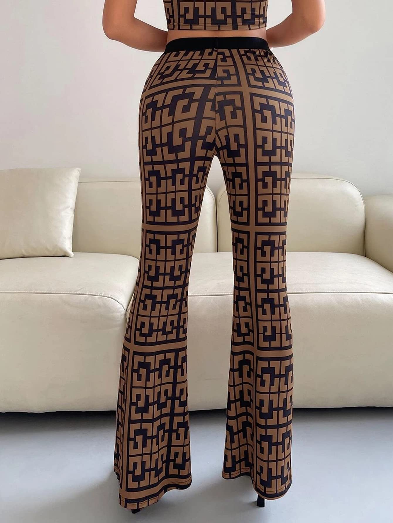 AVANOVA Womens & Girls Brown Geo Print Dress Pants Stretchy Work Slacks Business Casual Office Bell-Bottom/Boot-Cut Elastic Wai