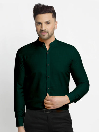 Mildin MenS Cotton Blend Solid Shirt With Mandarin Chinese Collar Full Sleeve Curved Hemline Button Closure Slim Fit | Shirt Fo