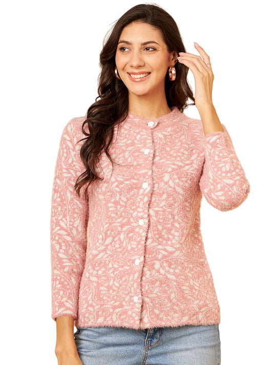 Modeve Women Pink Floral Print Round Neck Sweater For Winter||Winterwear||