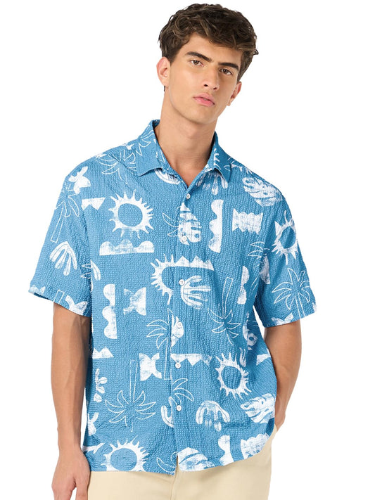 Bewakoof Mens All Over Printed Oversized Fit Half Sleeve Resort Collar Cotton Blend Shirt_685473_Green_M