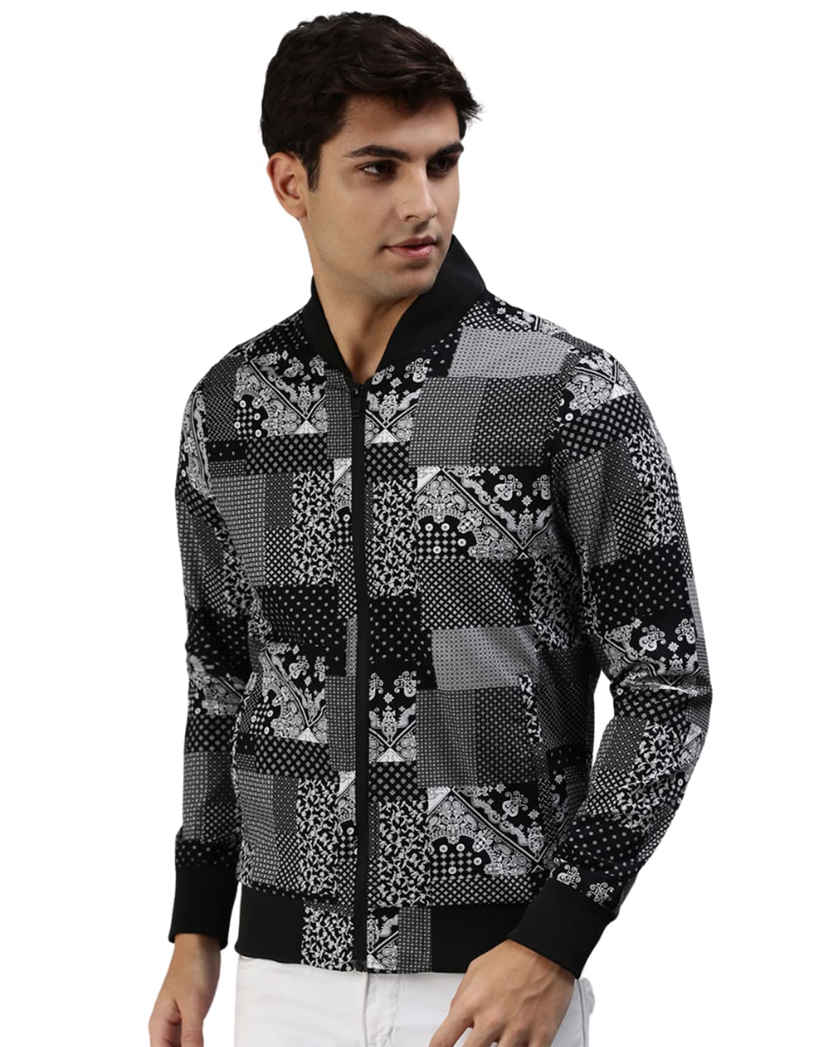 Veirdo Mens Geometric Print Zip Up Cotton Shacket/Jacket