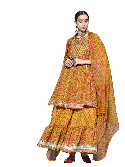 ishin Women's Cotton Blend Embroidered Gotta Patti Mustard Floral Print Anarkali Kurta suit set With Dupatta & Sharara