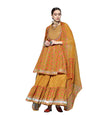 ishin Women's Cotton Blend Embroidered Gotta Patti Mustard Floral Print Anarkali Kurta suit set With Dupatta & Sharara