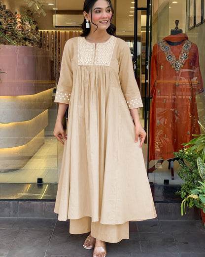 Toochki Women's Muslin Flared Anarkali Embroidered Kurta with Palazzo