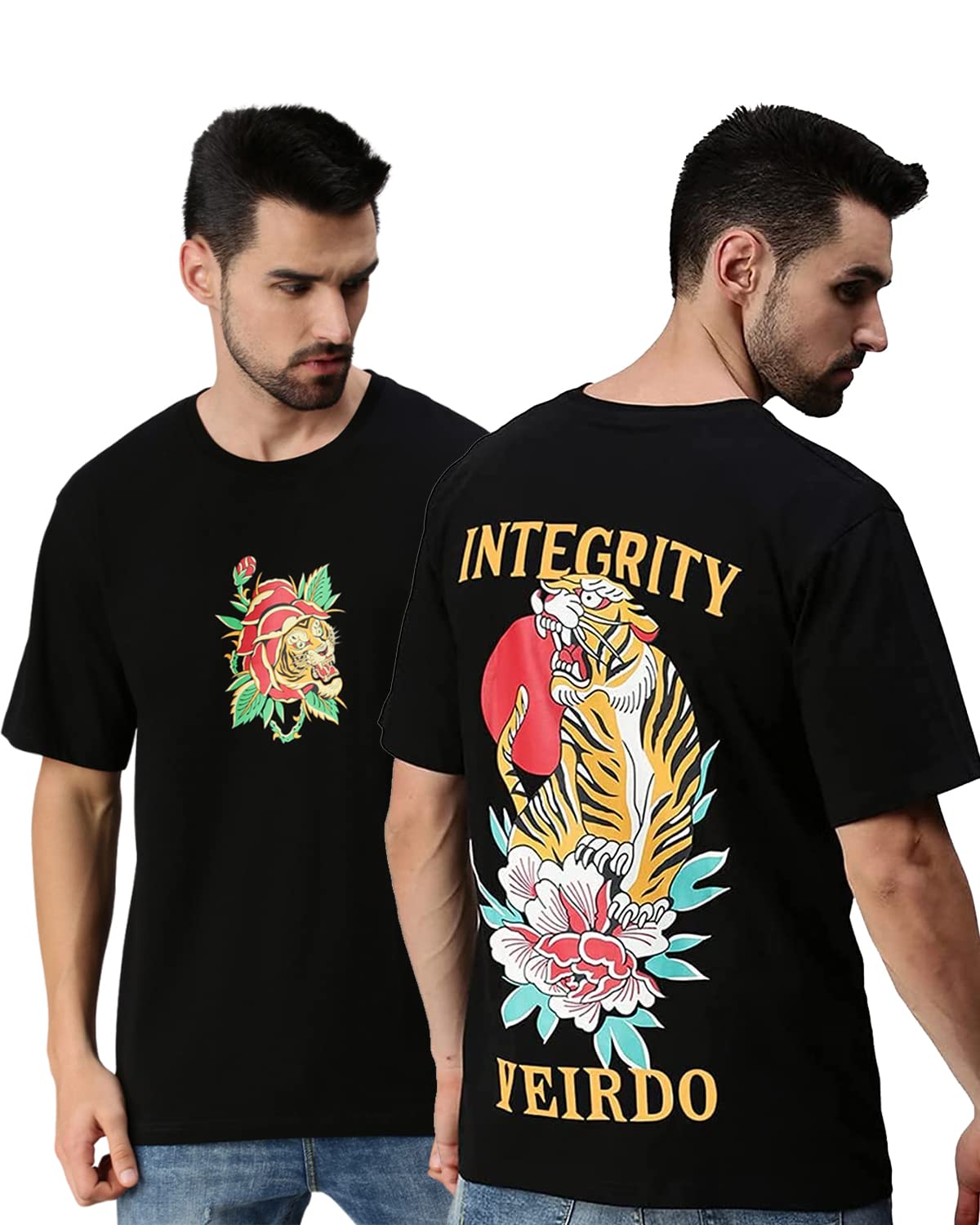Veirdo Mens Oversized Cotton Graphic Print Crew Neck T-Shirt