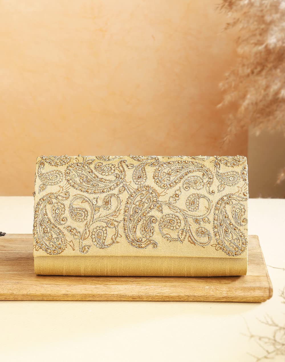 Fabindia Women Beige Fabric Embroidered Clutch Bag