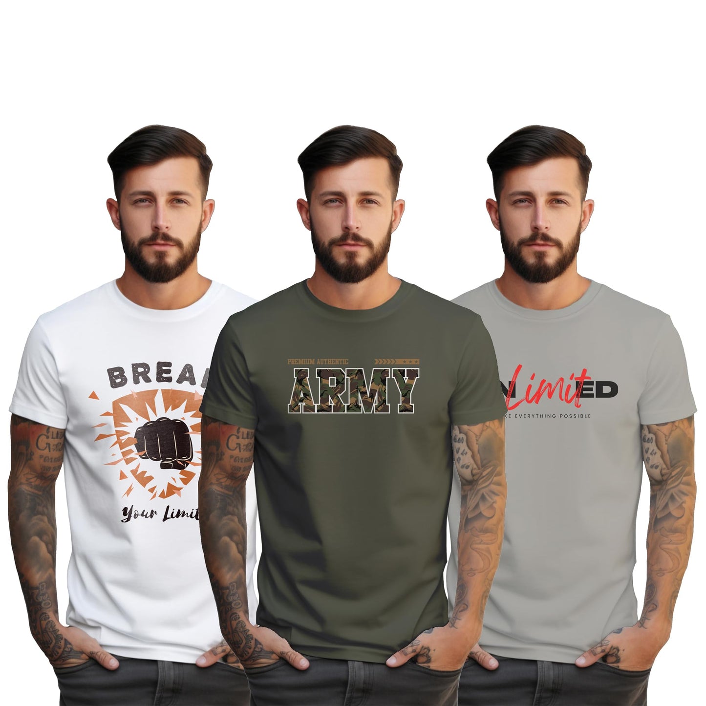 Peppyzone S to 5XL Stylish Printed Cotton Round Neck Tshirt for Men - 100% Cotton, Half Sleeve, Combo Pack of 3 T Shirts for Men