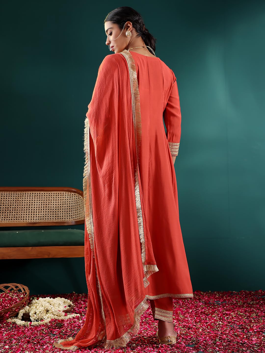 Varanga Women Rust Zari & Sequins Embroidered Anarkali Kurta With Bottom & Dupatta  Elegant Ethnic Wear