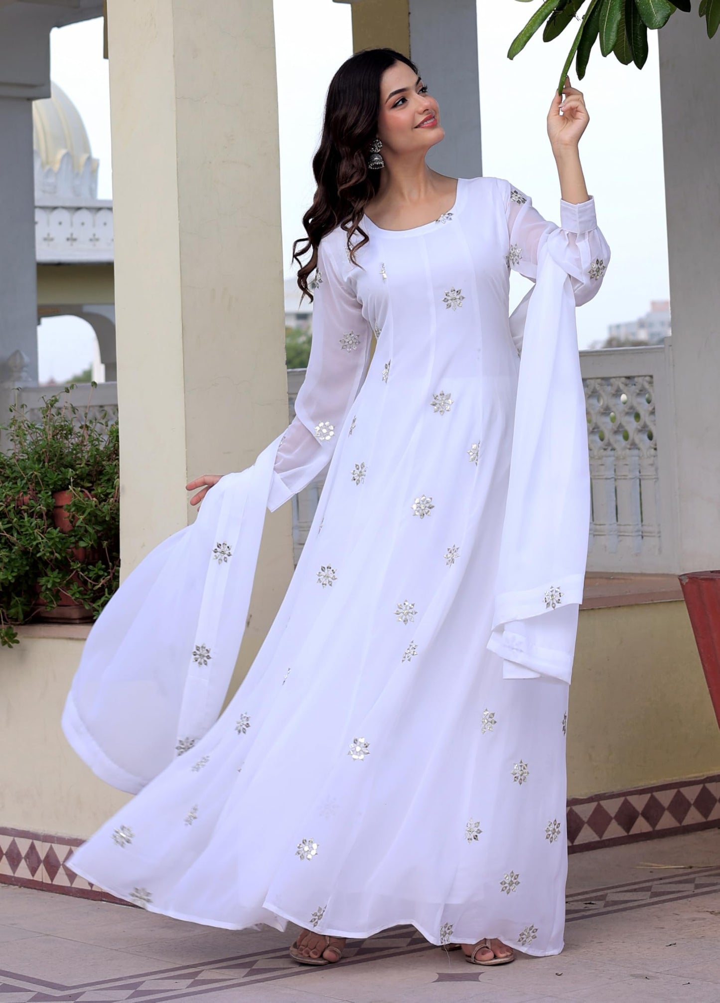 Fashion Basket Georgette Embroidered White Anarkali Dress For Women